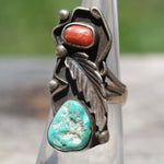 Vintage Sterling Turquoise and Coral Feather Ring 4.25