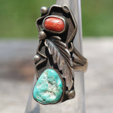 Vintage Sterling Turquoise and Coral Feather Ring 4.25