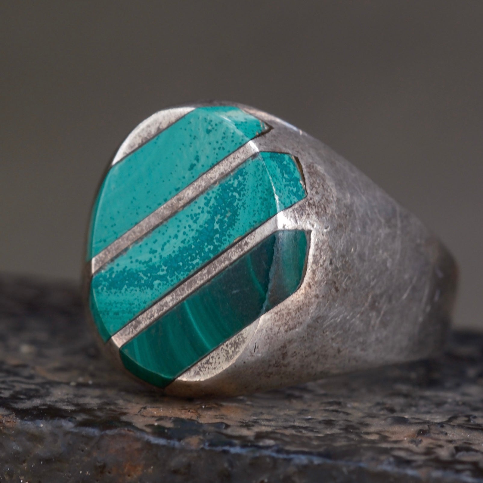Vintage Sterling Malachite Inlay Striper Ring 10.25
