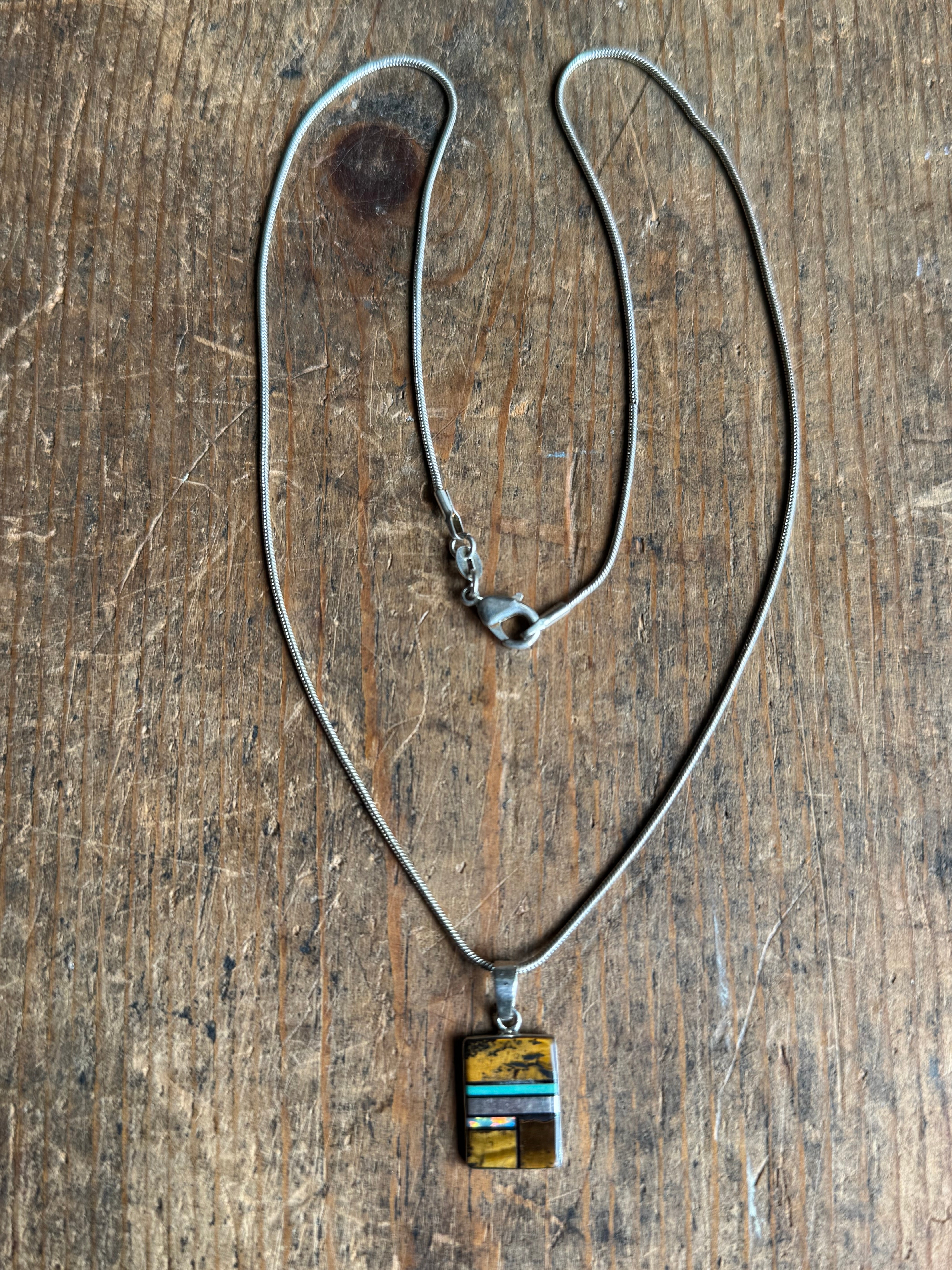 Vintage Sterling Silver Multistone Inlay Square 20" Necklace