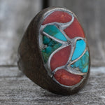 Vintage Sterling Turquoise and Coral Inlay Ring 9.5