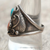 Vintage Sterling Turquoise and Coral Feather Ring 10.5
