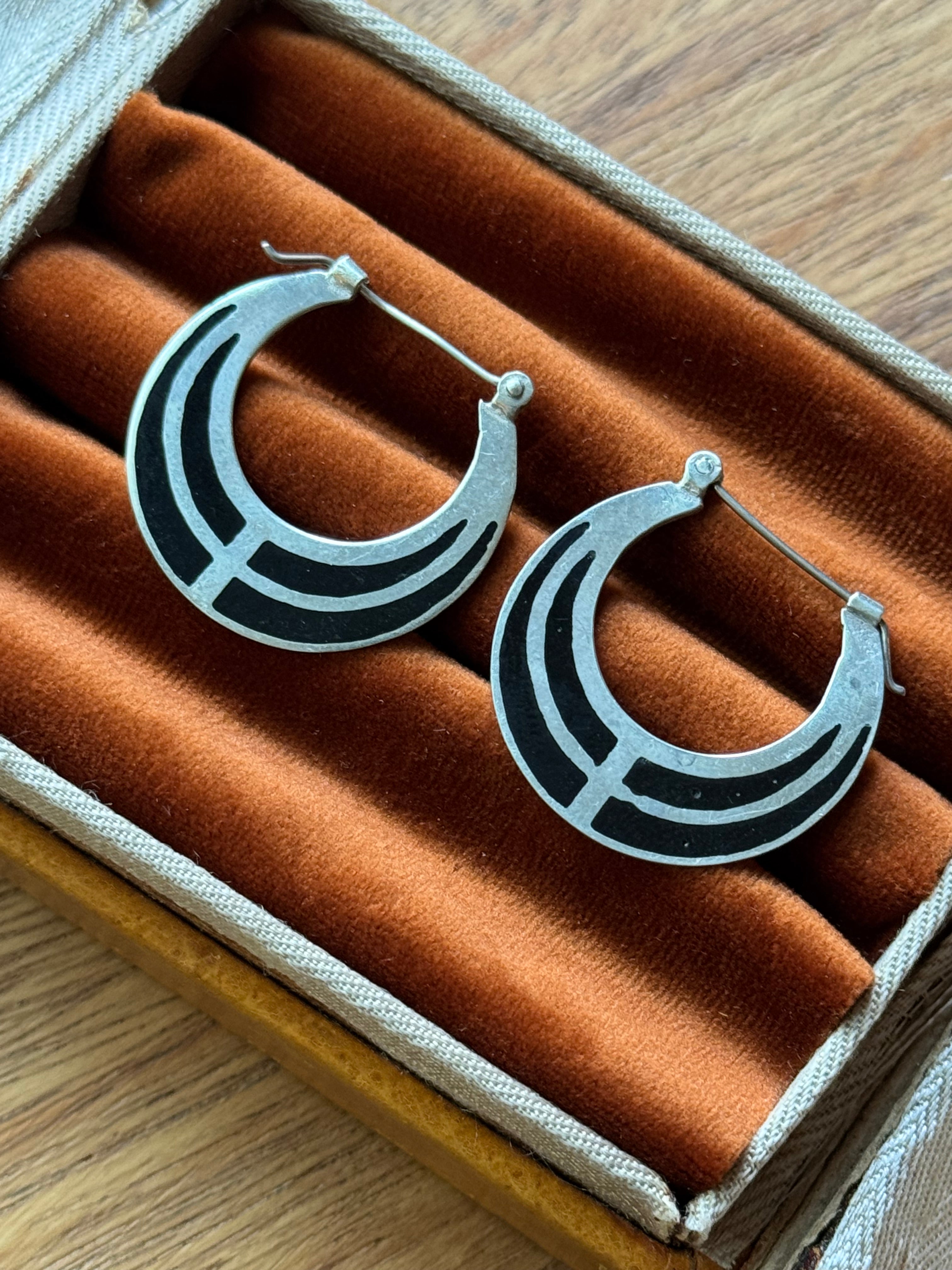 Vintage Sterling Silver Black Enamel Inlay Hoops