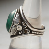 Vintage Sterling Malachite Feather Ring 9.75