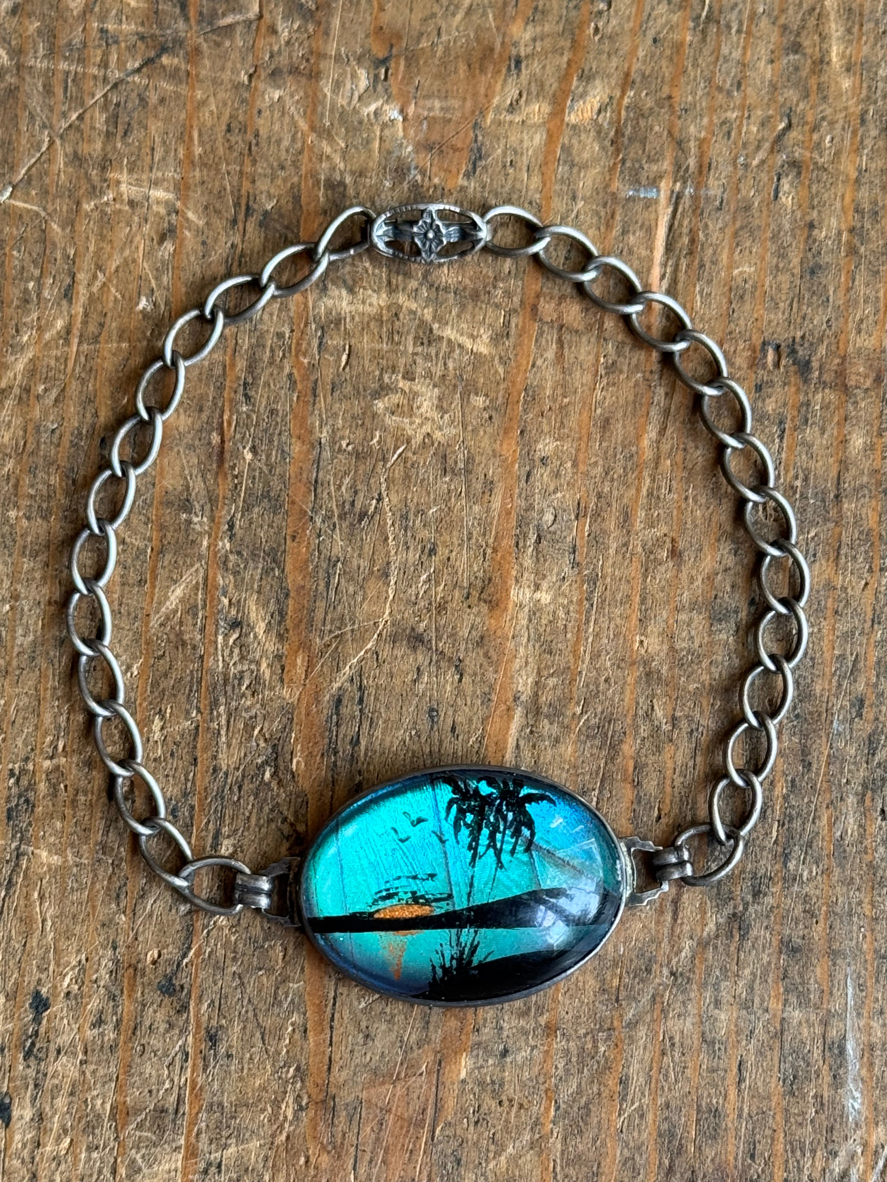 Vintage Sterling Silver 7” Butterfly Wing Palm Tree Bracelet