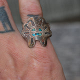 Vintage Sterling Turquoise and Coral Inlay Headdress Ring 7.75