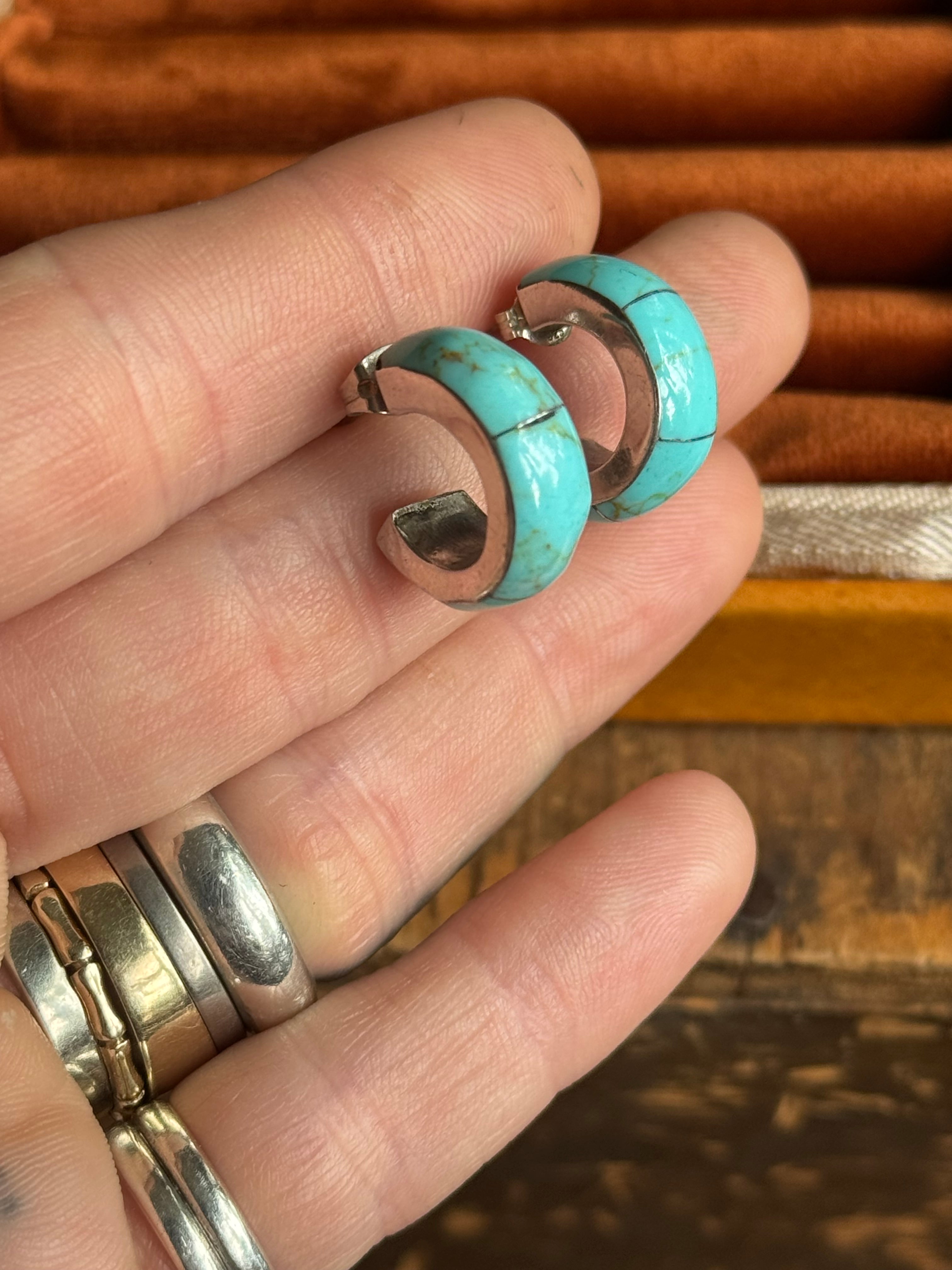 Vintage Sterling Silver Turquoise Inlay Hoops