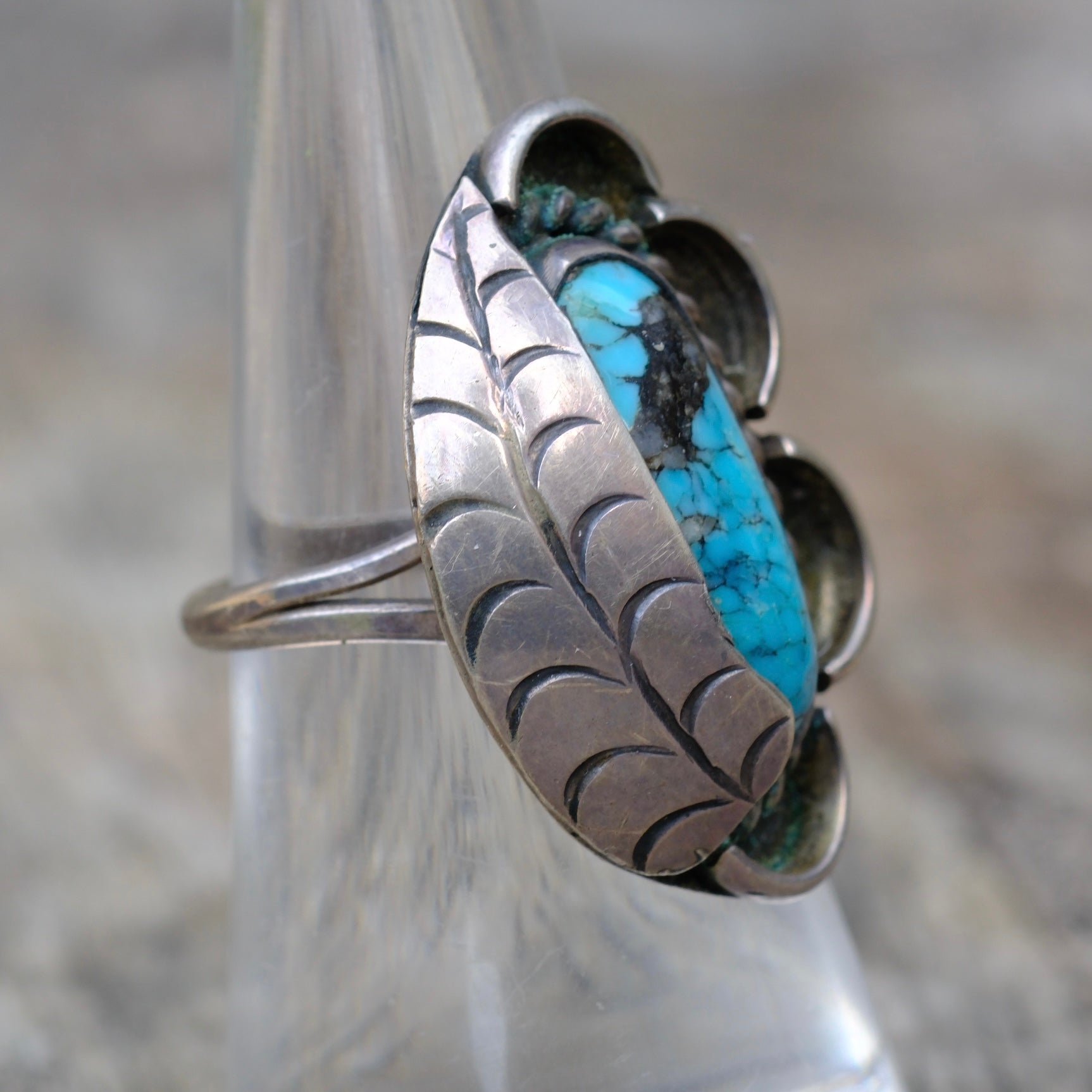 Vintage Sterling Turquoise Feather Ring 7