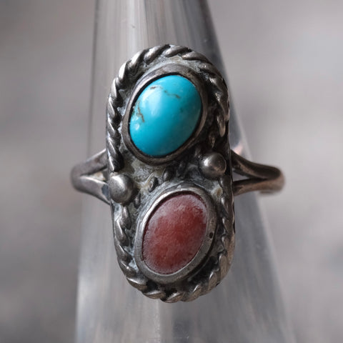 Vintage Sterling Turquoise and Coral Ring 5.5