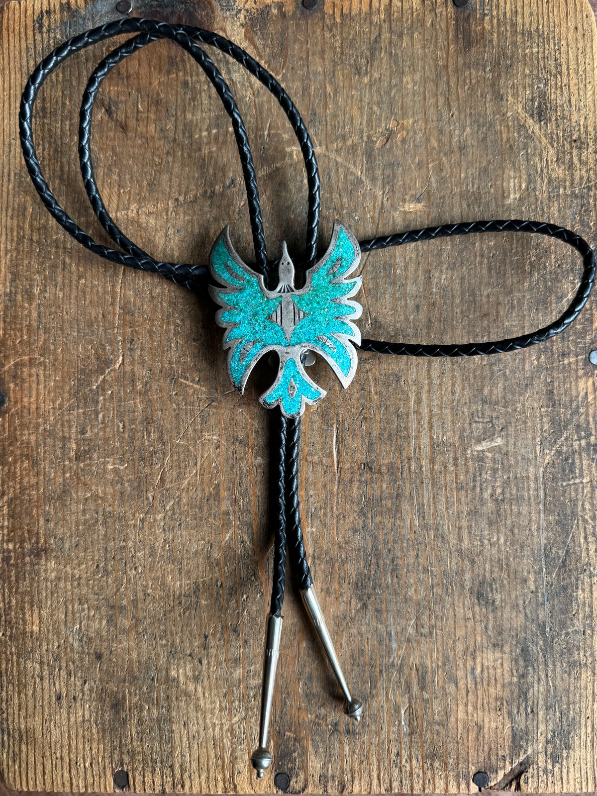 Vintage Sterling Silver Crushed Turquoise Inlay Peyote Bird Bolo
