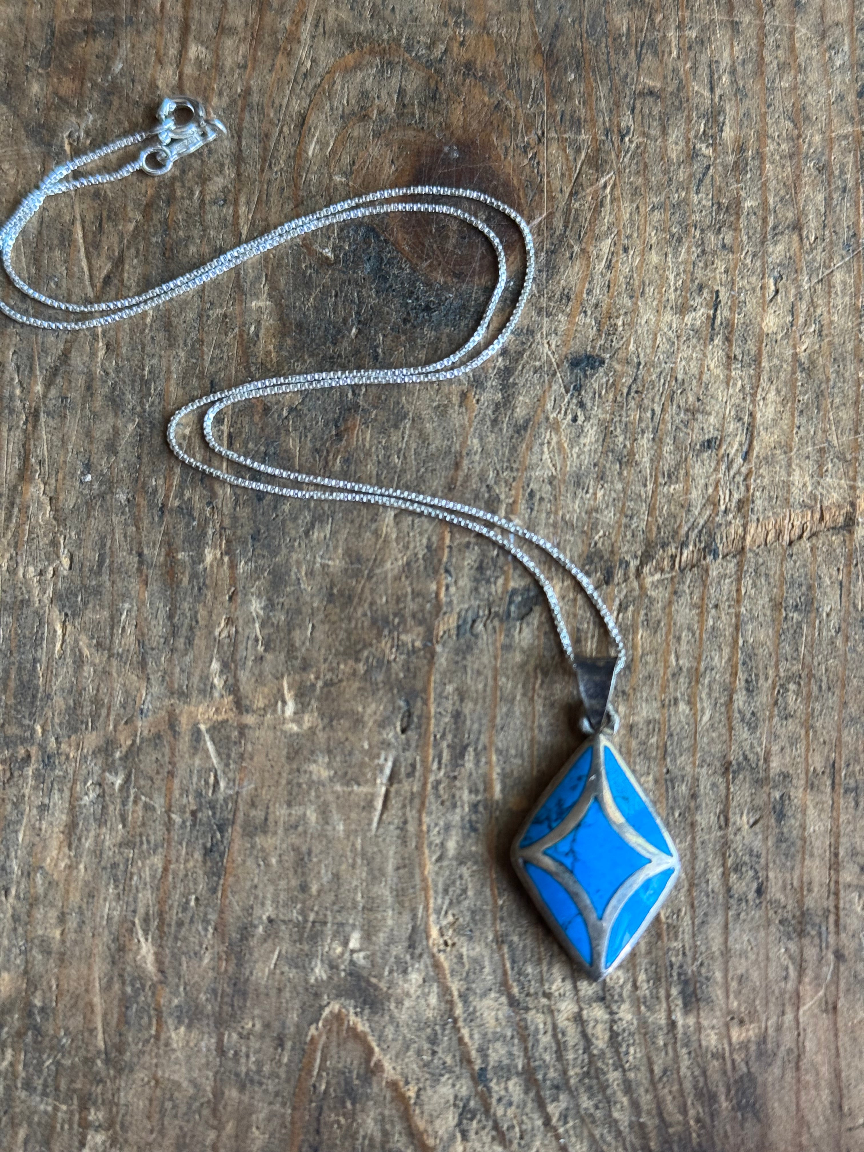 Vintage Sterling Silver Turquoise Inlay Diamond Necklace