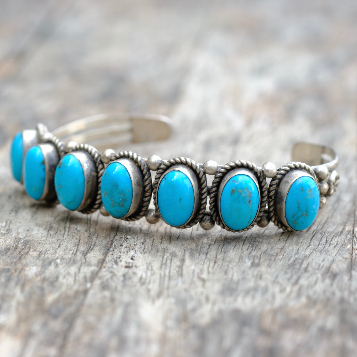Vintage Sterling 7-Stone Turquoise Cuff Bracelet Running Bear