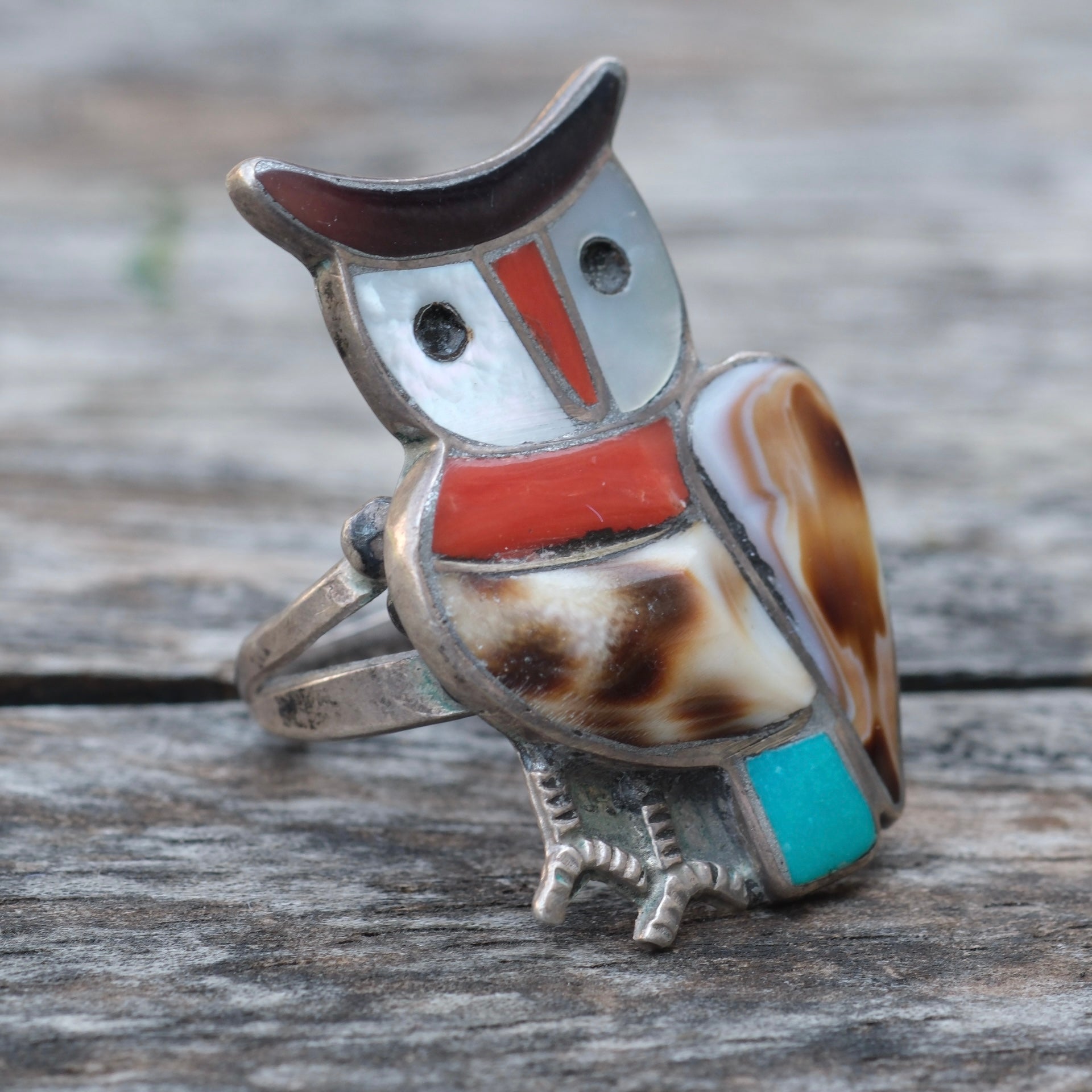 Vintage Sterling Multistone Inlay Owl Ring 7.75