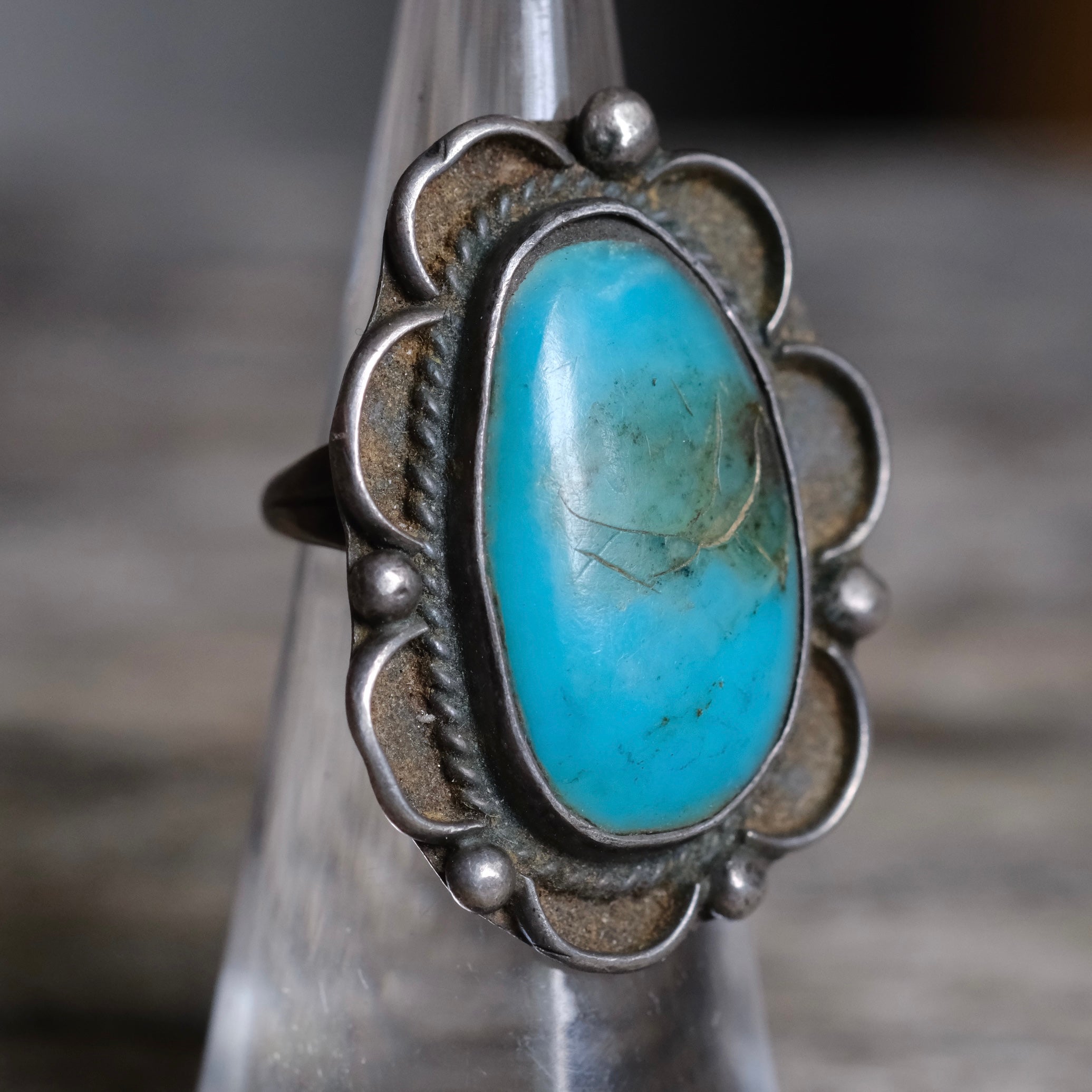 Vintage Sterling Turquoise Florette Ring 4.5