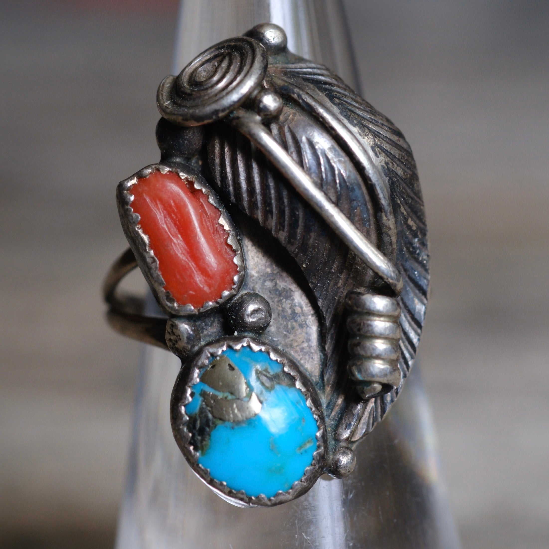 Vintage Sterling Turquoise and Coral Feather Ring 5.5