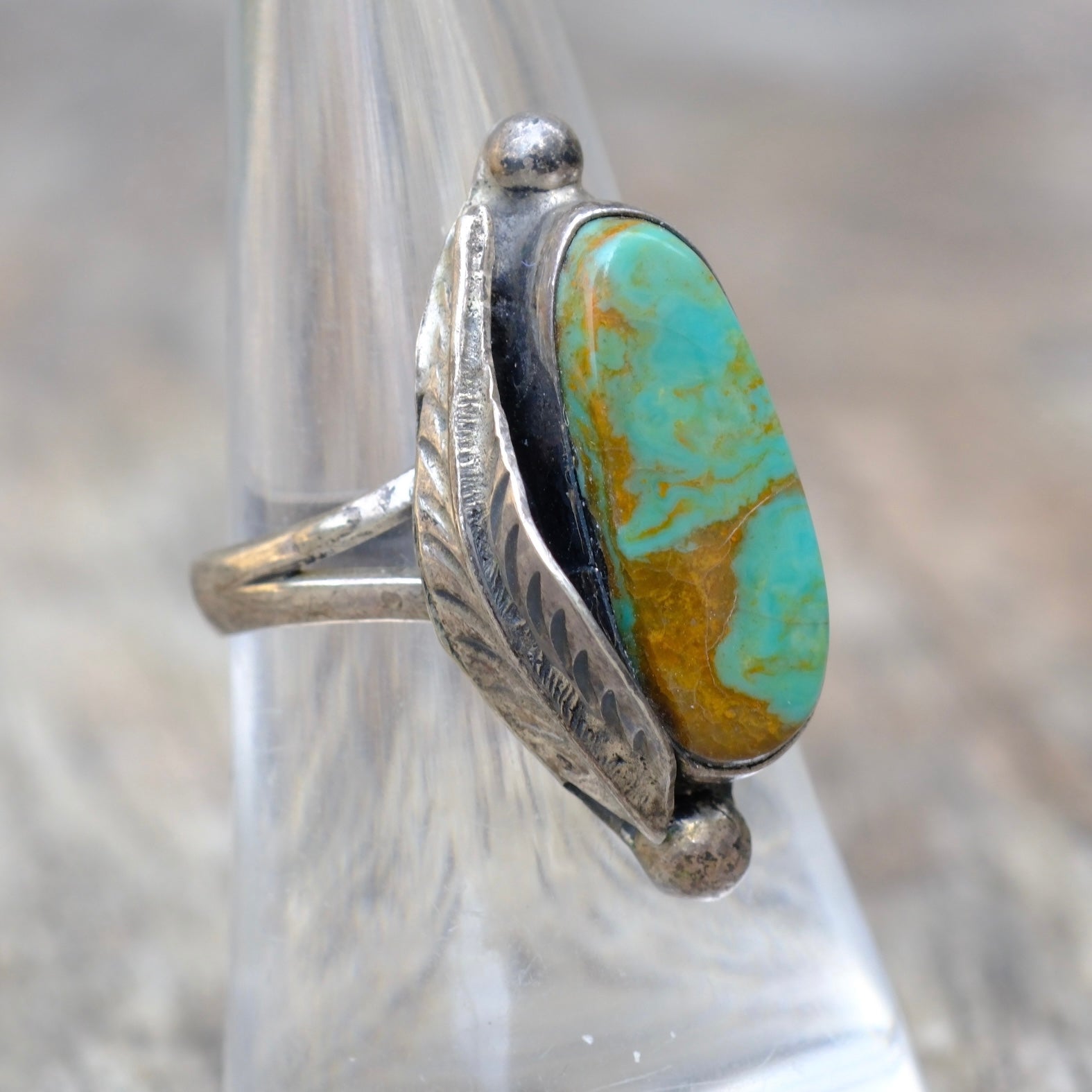 Vintage Sterling Turquoise Feather Ring 7