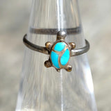 Vintage Sterling Turquoise Inlay Turtle Ring 4.5