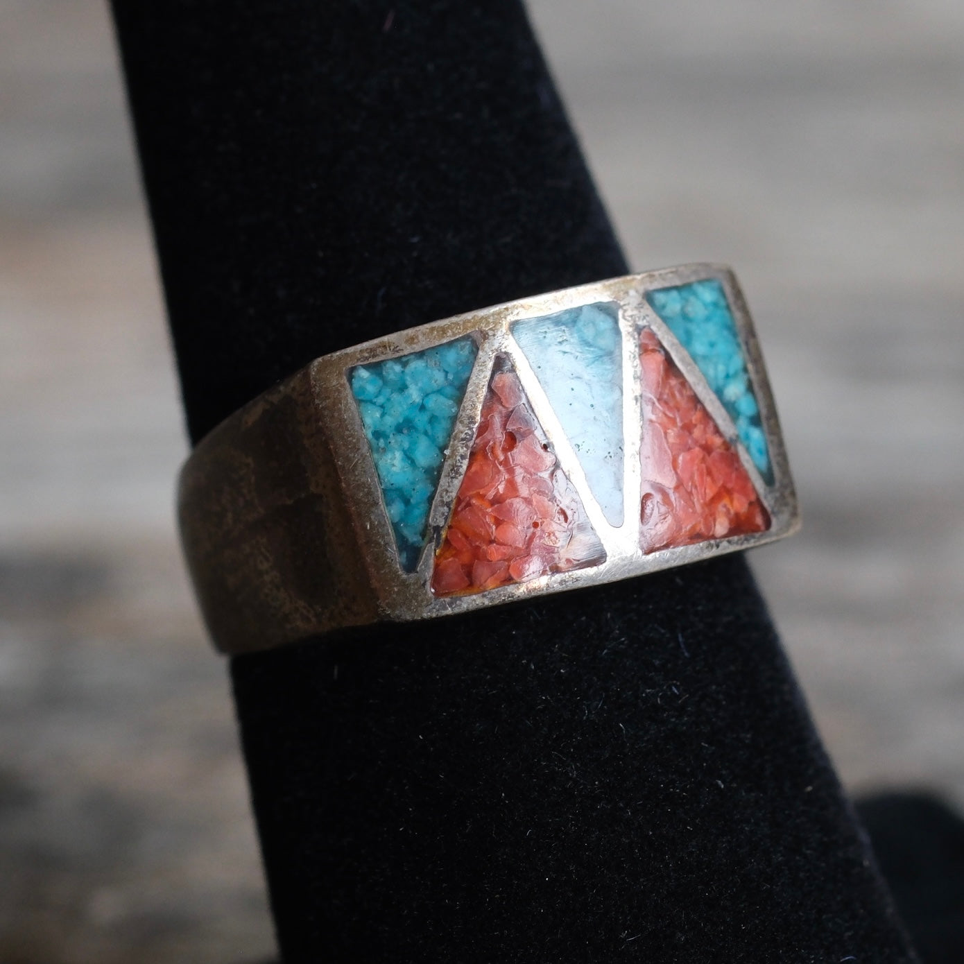 Vintage Sterling Turquoise and Coral Inlay Ring 7
