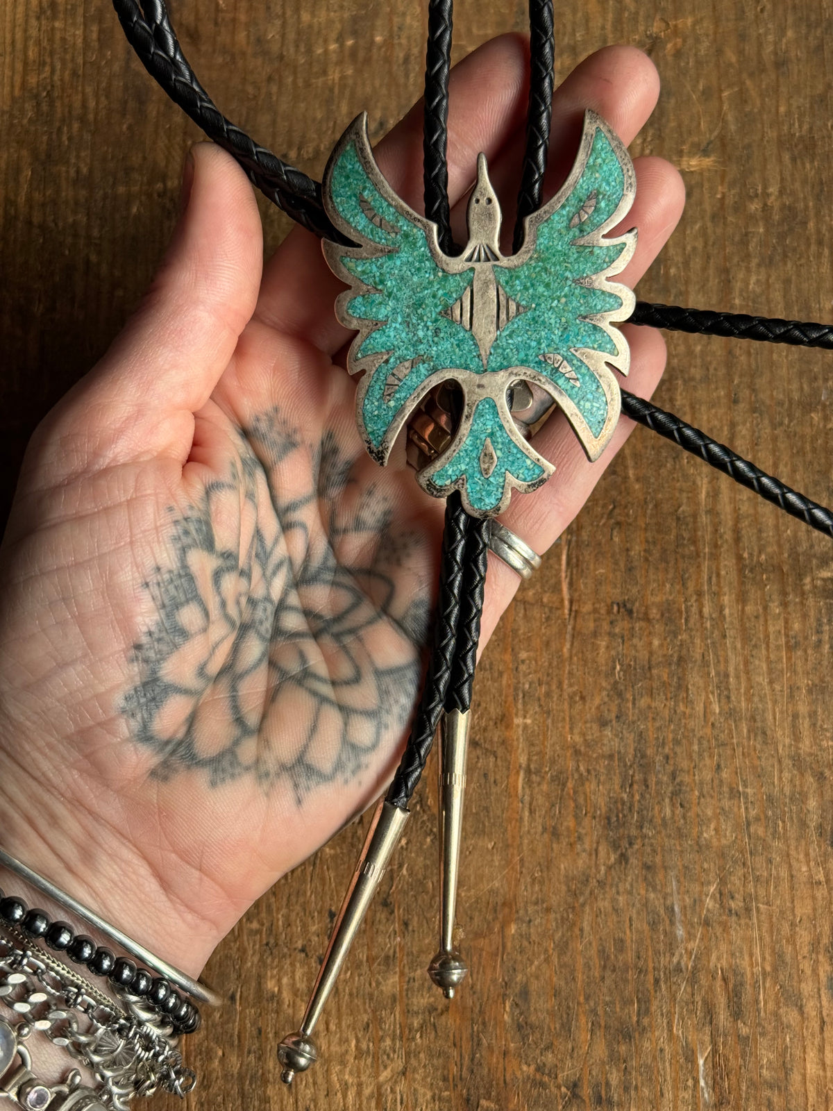 Vintage Sterling Silver Crushed Turquoise Inlay Peyote Bird Bolo