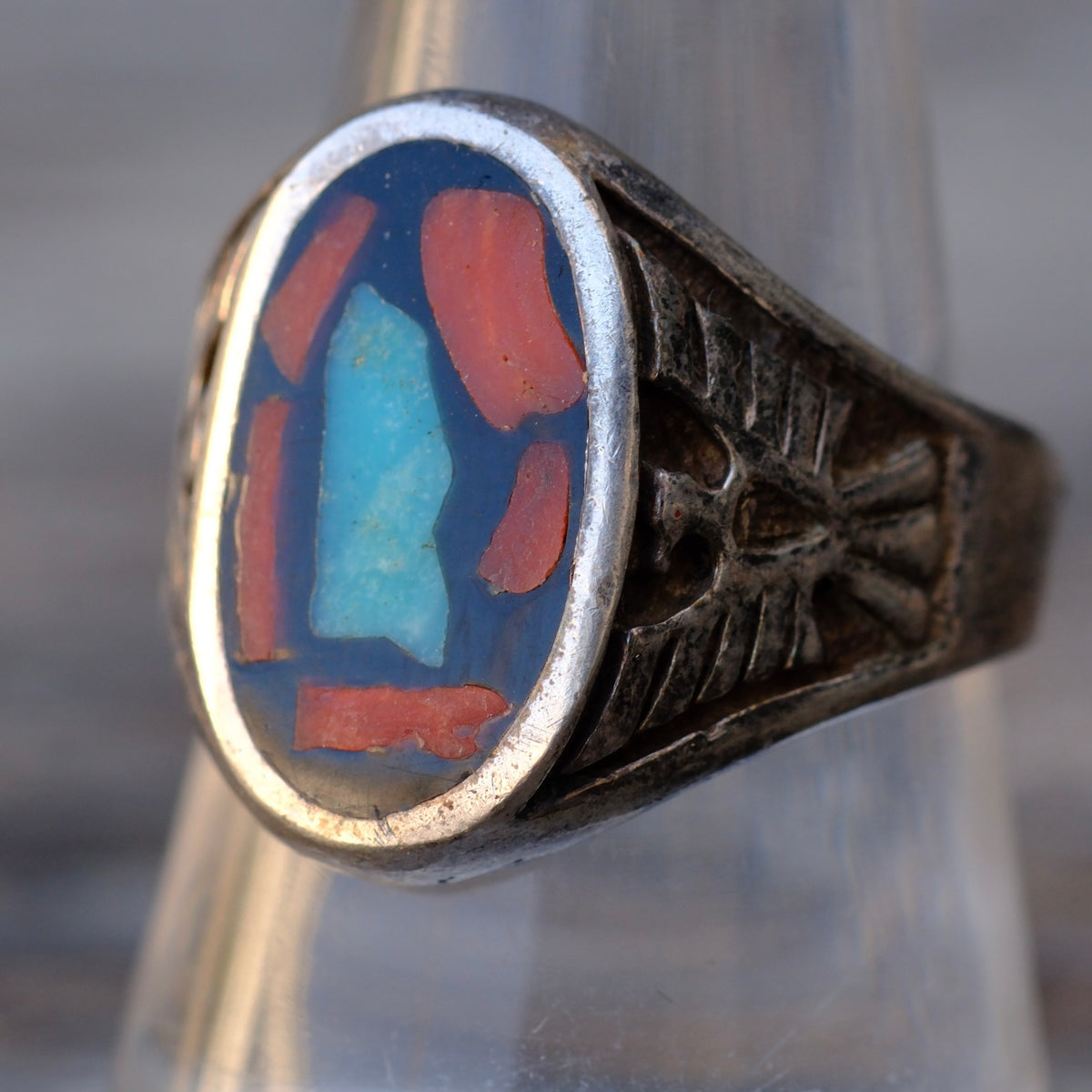 Vintage Sterling Turquoise and Coral Chip Thunderbird Ring 9.5