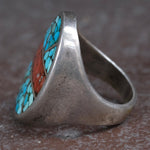 Vintage Sterling Crushed Turquoise and Coral Inlay Ring 10.25