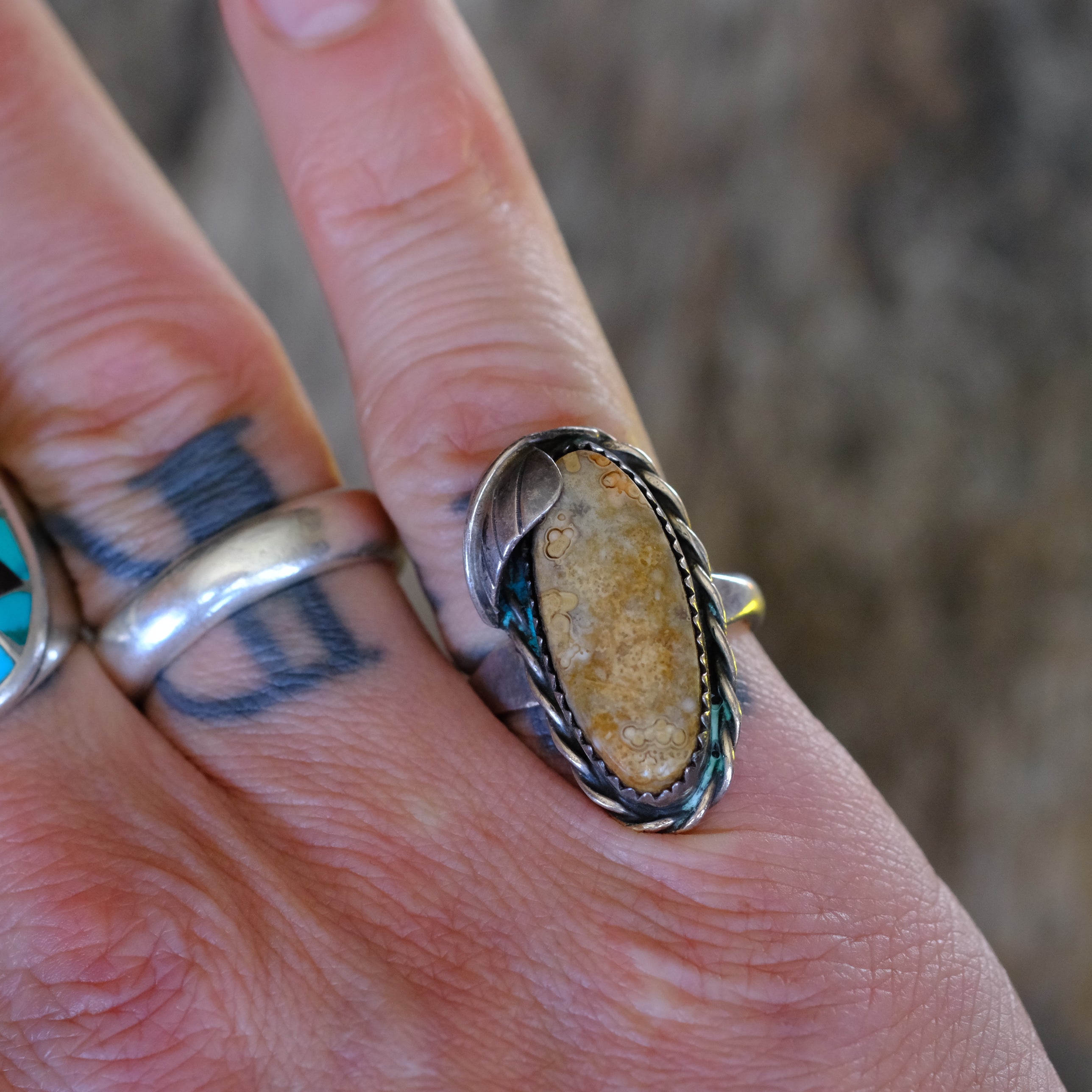 Vintage Sterling Jasper Feather Ring 7