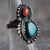 Vintage Sterling Turquoise and Coral Feather Ring 7.5