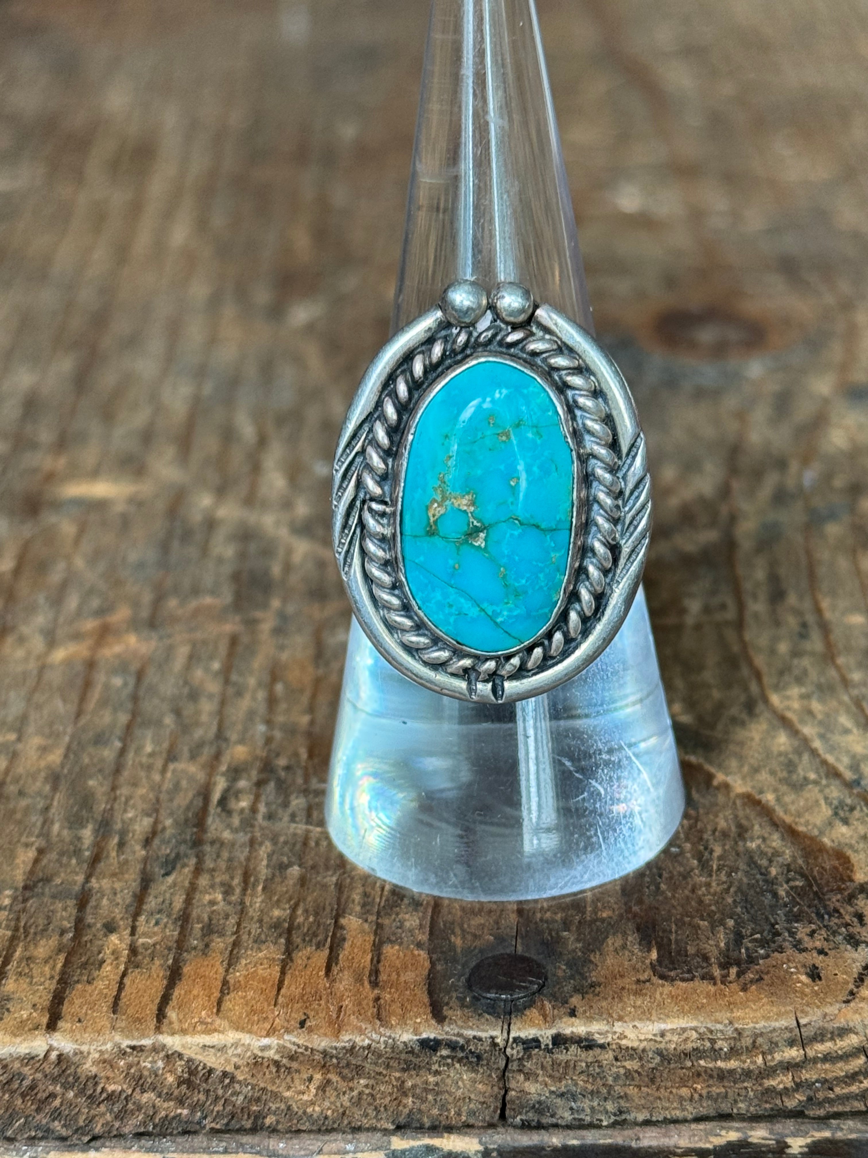 Vintage Sterling Silver Turquoise Rope Framed Ring 7.75