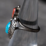 Vintage Sterling Turquoise and Coral Feather Ring 5.75