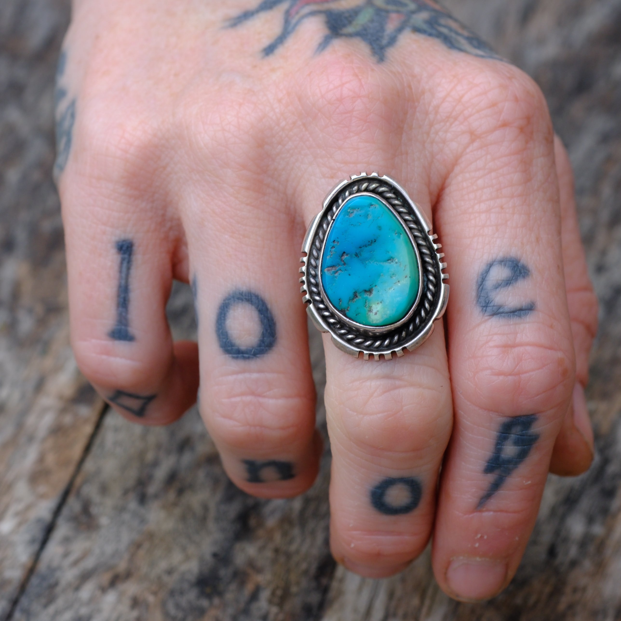 Vintage Sterling Turquoise Roper Ring 7