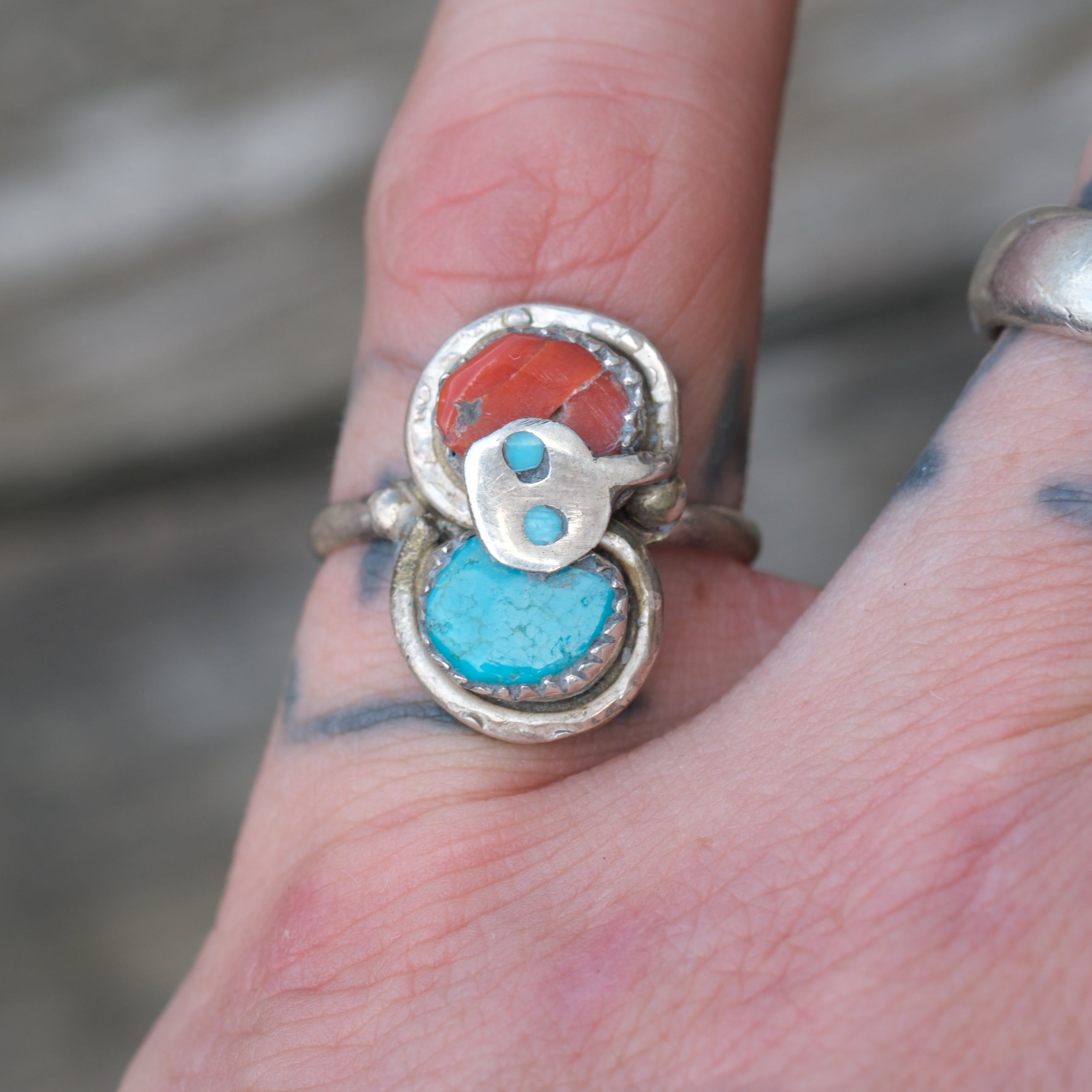 Vintage Sterling Effie Turquoise and Coral Snake Ring 6.75