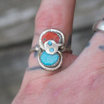 Vintage Sterling Effie Turquoise and Coral Snake Ring 6.75