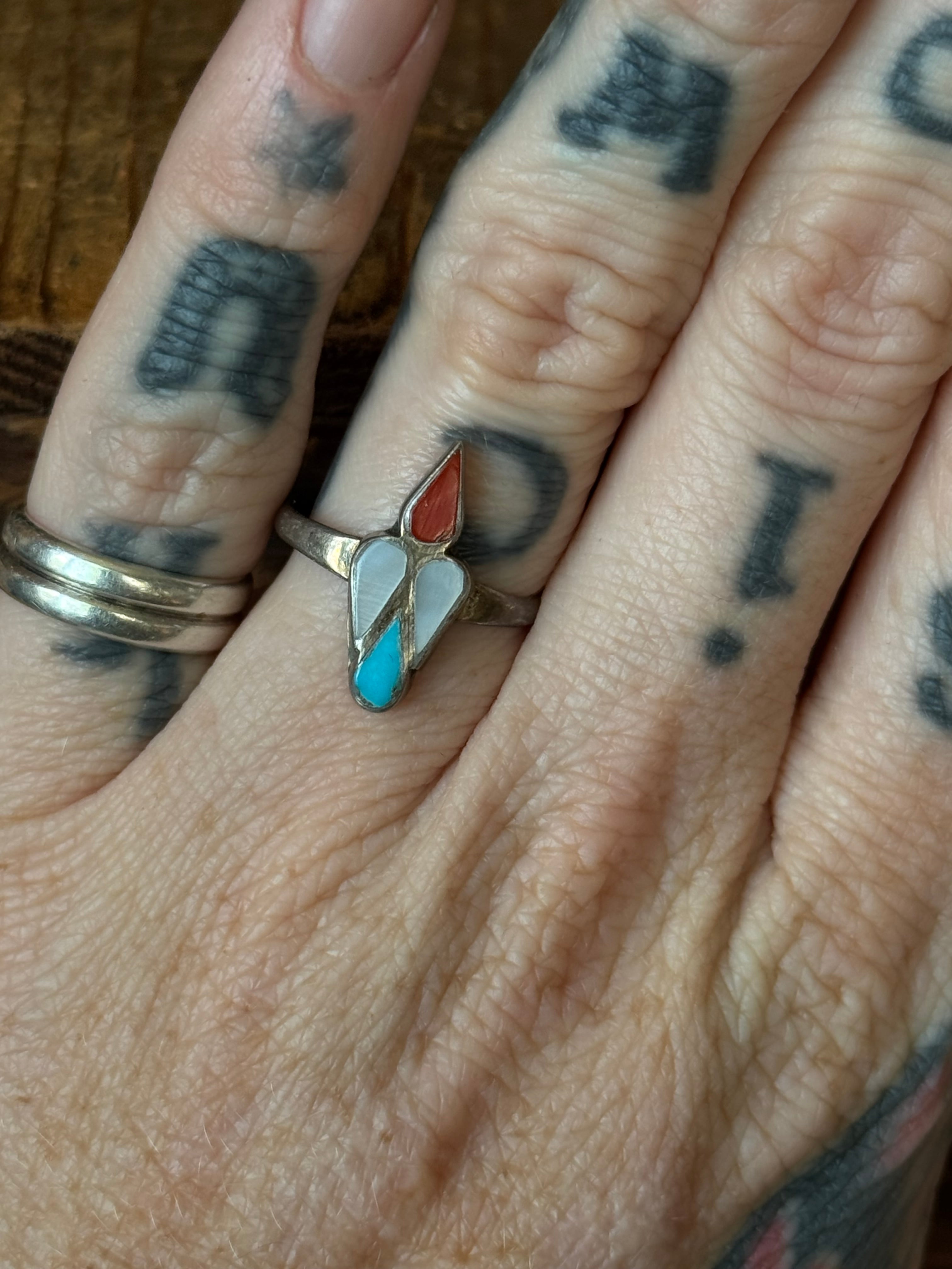 Vintage Sterling Silver Multistone Inlay Peyote Bird Ring 5