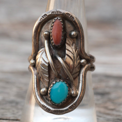 Vintage Sterling Turquoise and Coral Feather Ring 9.5