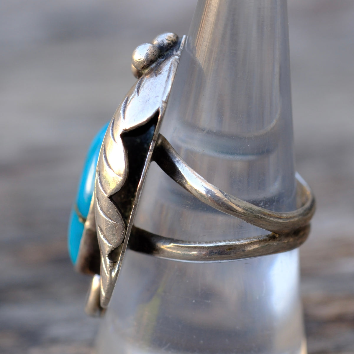 Vintage Sterling Turquoise Feather Florette Ring 7.75