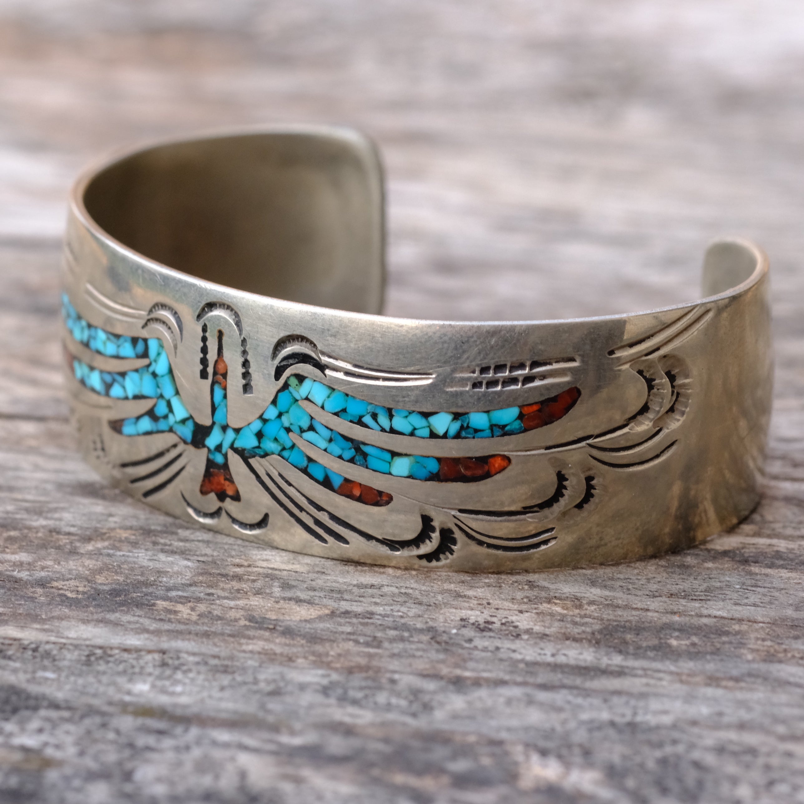 Vintage Sterling Turquoise and Coral Inlay Wide Cuff Bracelet