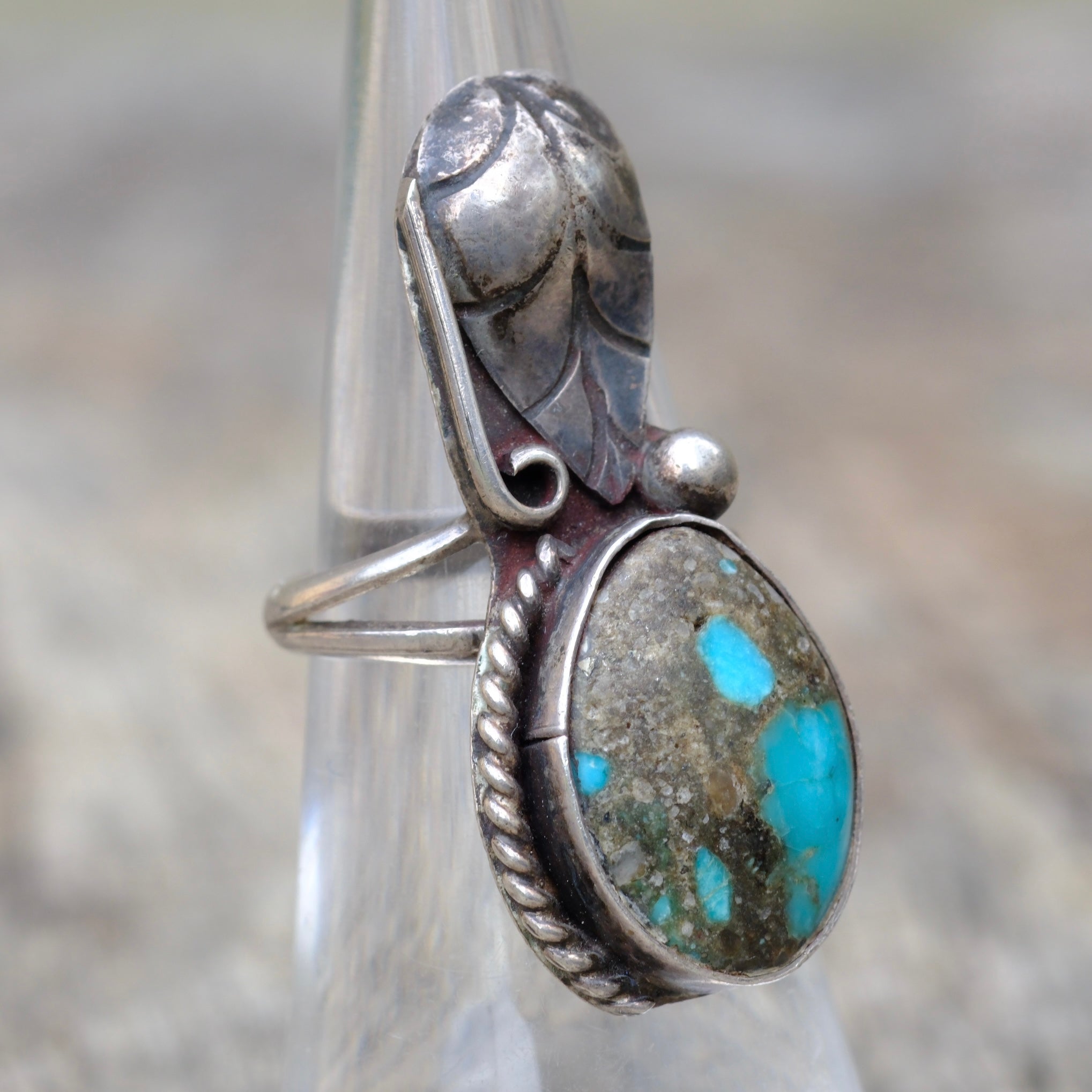 Vintage Sterling Turquoise FeatherRing 5.25
