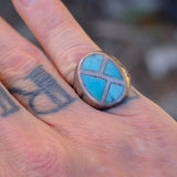 Vintage Sterling Turquoise Inlay Stamped Band Ring 7.75