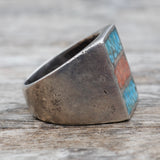 Vintage Sterling Crushed Turquoise and Coral Inlay Ring 7.75