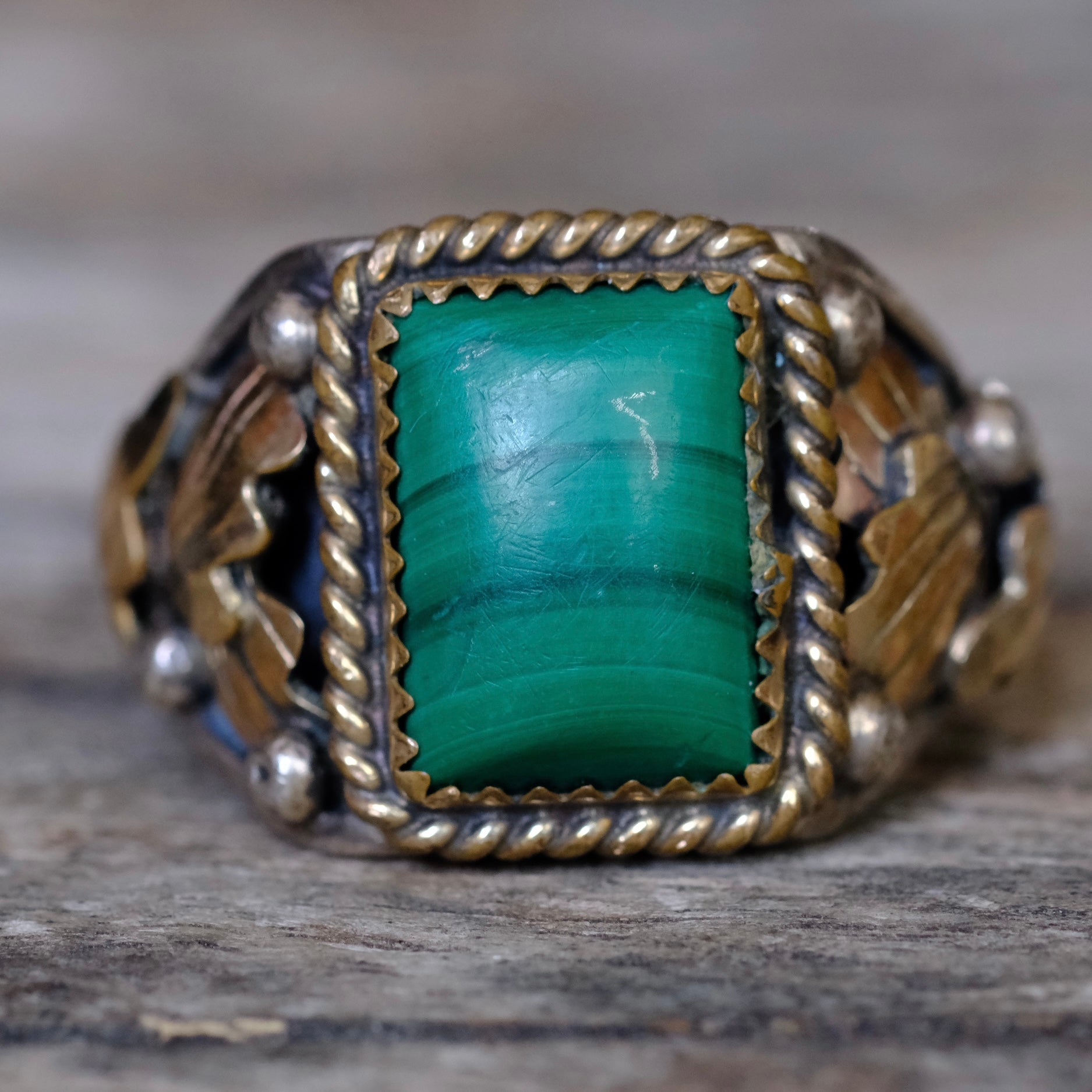 Vintage Sterling Malachite Feather Ring 11