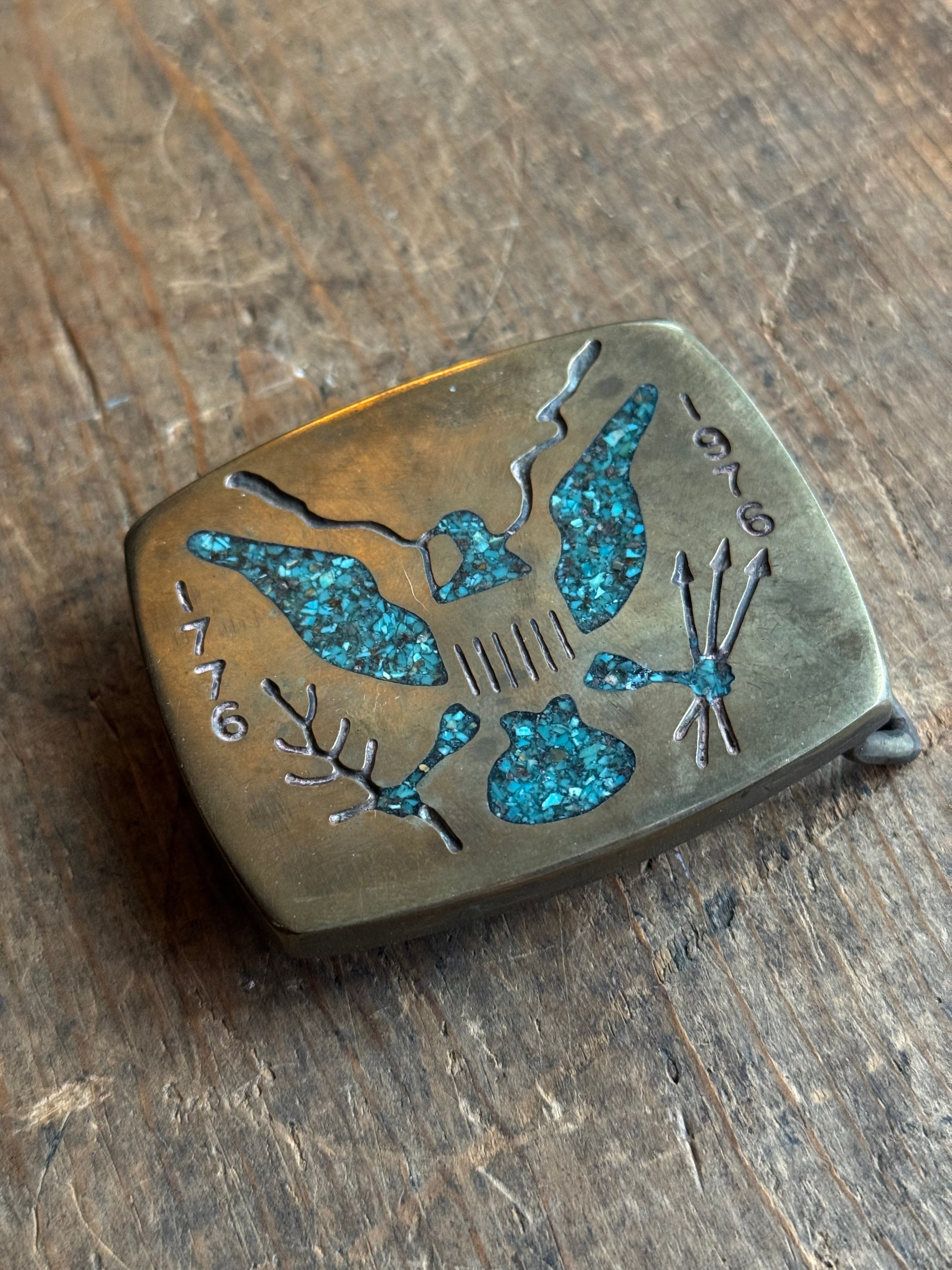 Vintage Brass & Crushed Turquoise Centennial Belt Buckle