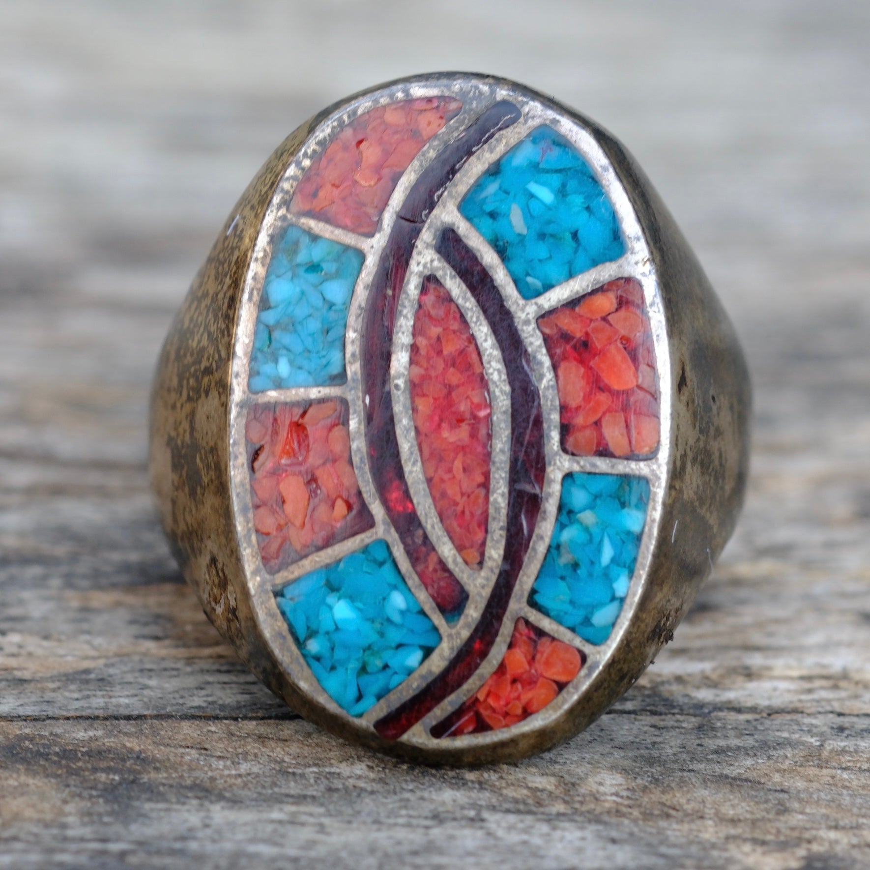 Vintage Sterling Turquoise and Coral Inlay Ring 11.75