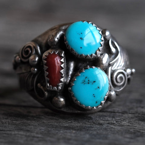 Vintage Sterling Turquoise and Coral Feather Ring 12.25