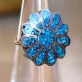 Vintage Sterling Turquoise Inlay Flower Ring 4.5