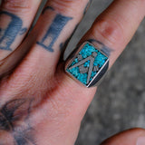 Vintage Sterling Crushed Turquoise Inlay Freemasons Ring 10.75