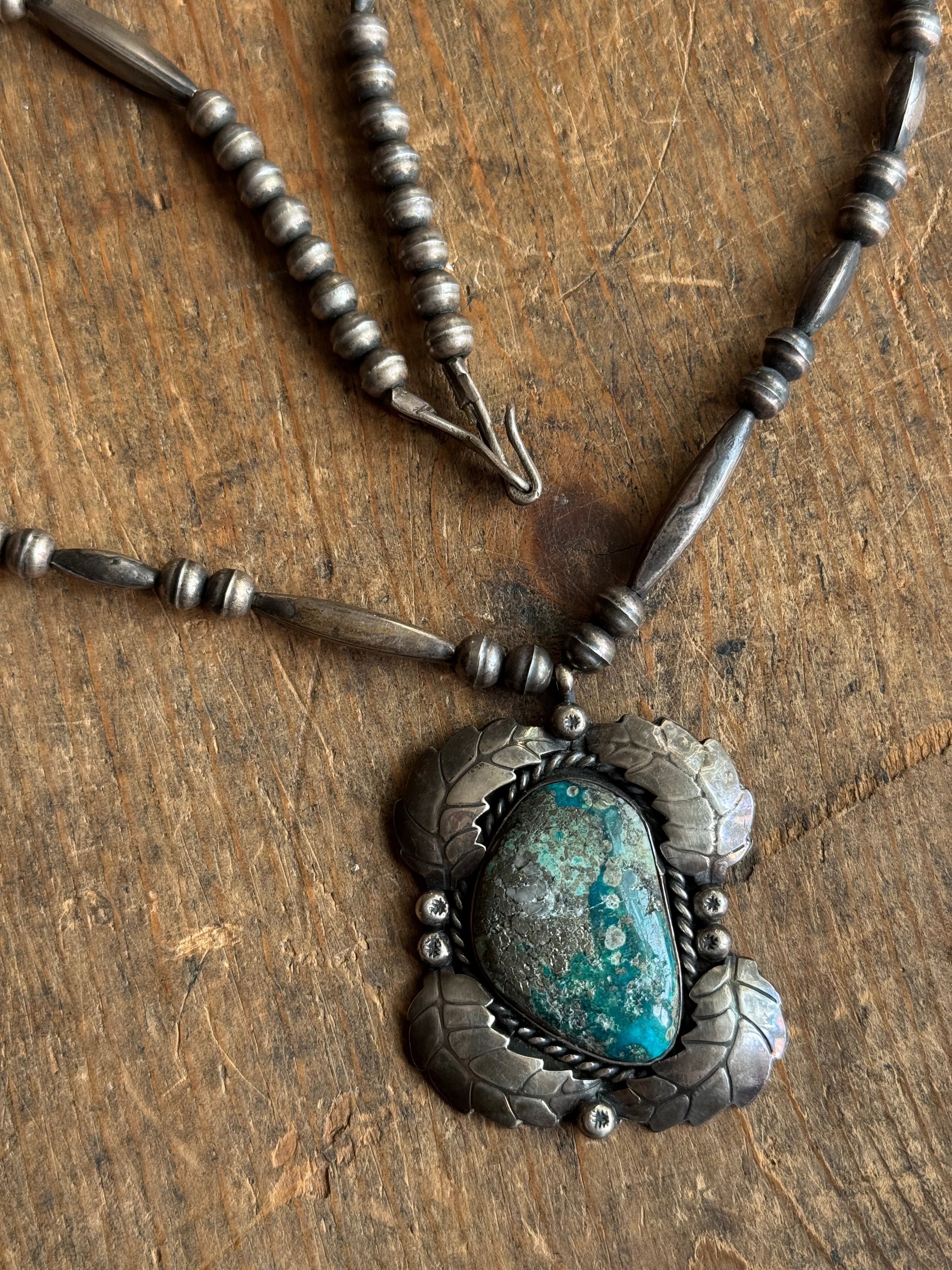 Vintage Turquoise Leaf Sterling Silver Pawn Bead Necklace