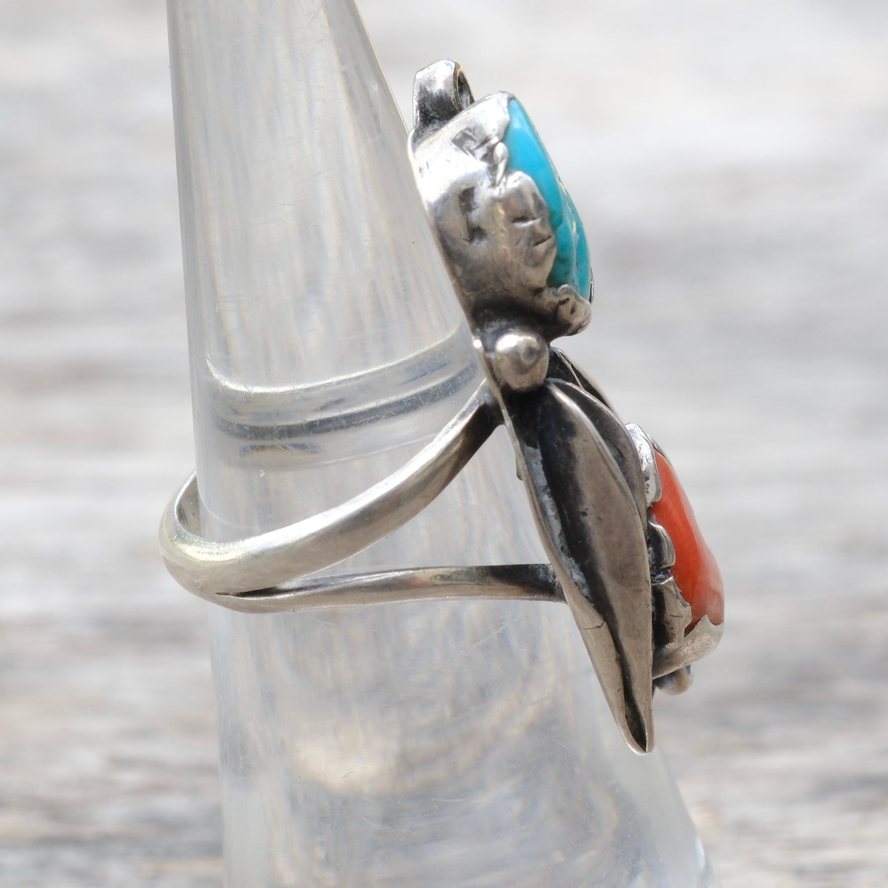 Vintage Sterling Turquoise and Coral Feather Ring 5.75