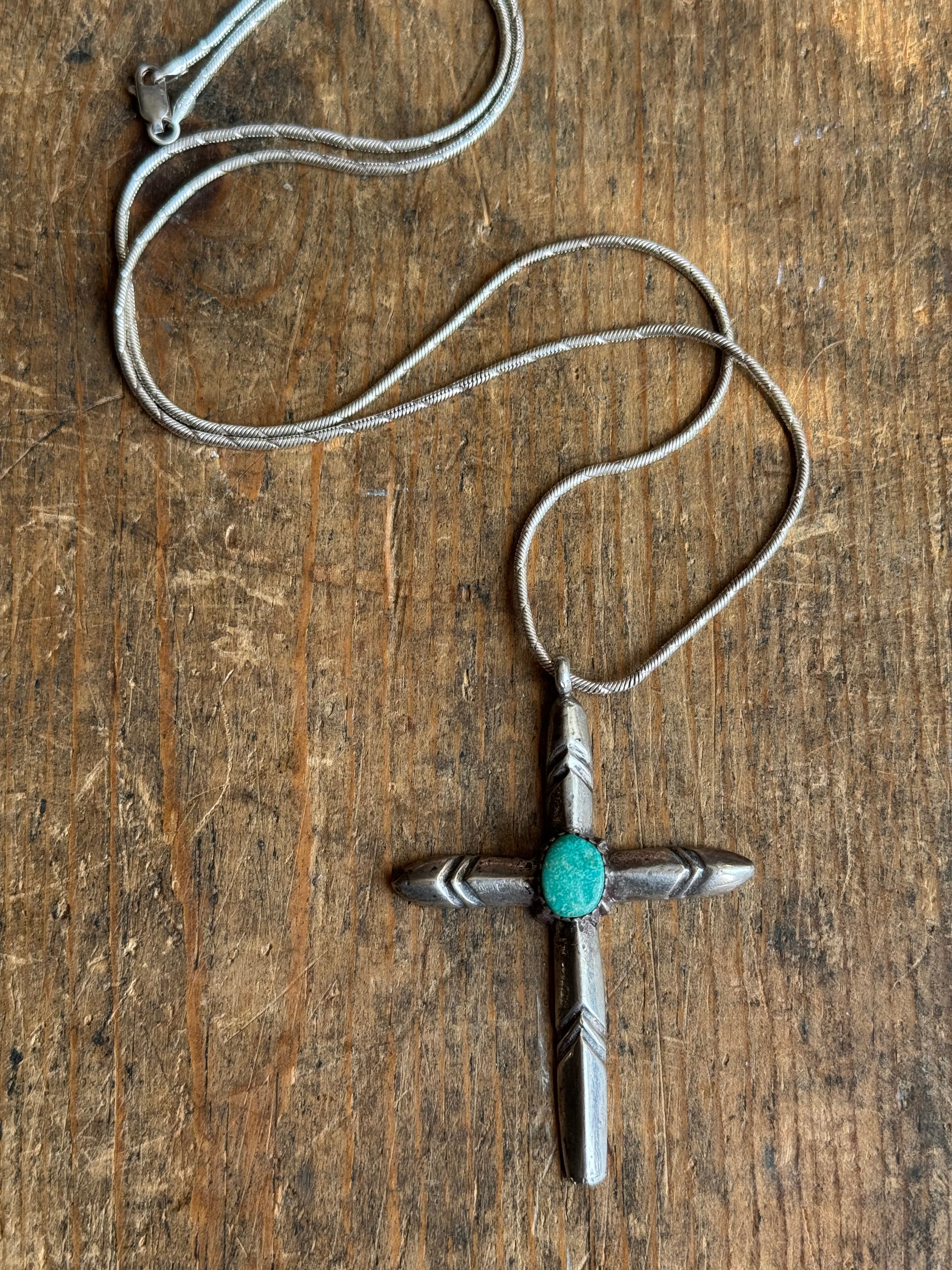Vintage Sterling Silver Turquoise Cross 23" Necklace