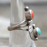 Vintage Sterling Turquoise and Coral Feather Ring 5.25