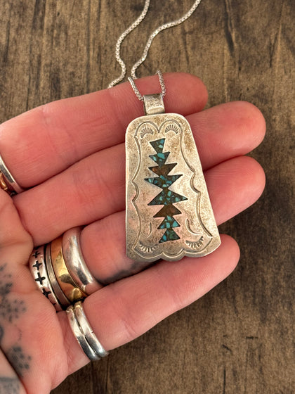 Vintage Sterling Silver Turquoise & Coral Inlay Tag Necklace